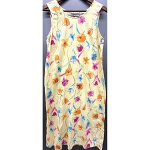 Womens Midi Dress 14P Butter Yellow Colorful Floral Linen Blend Spring Whimsy